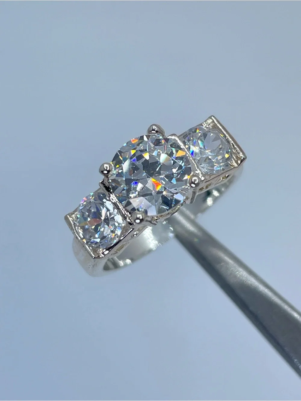 Swarovski Crystal Elements 3 Stone Ring Round Cut Silver Sz 6 Statement Bridal